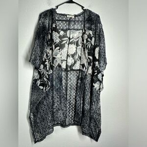 Brittany Black Womens Sheer Floral Lace Side Slits Kimono Cover Up Open Front OS